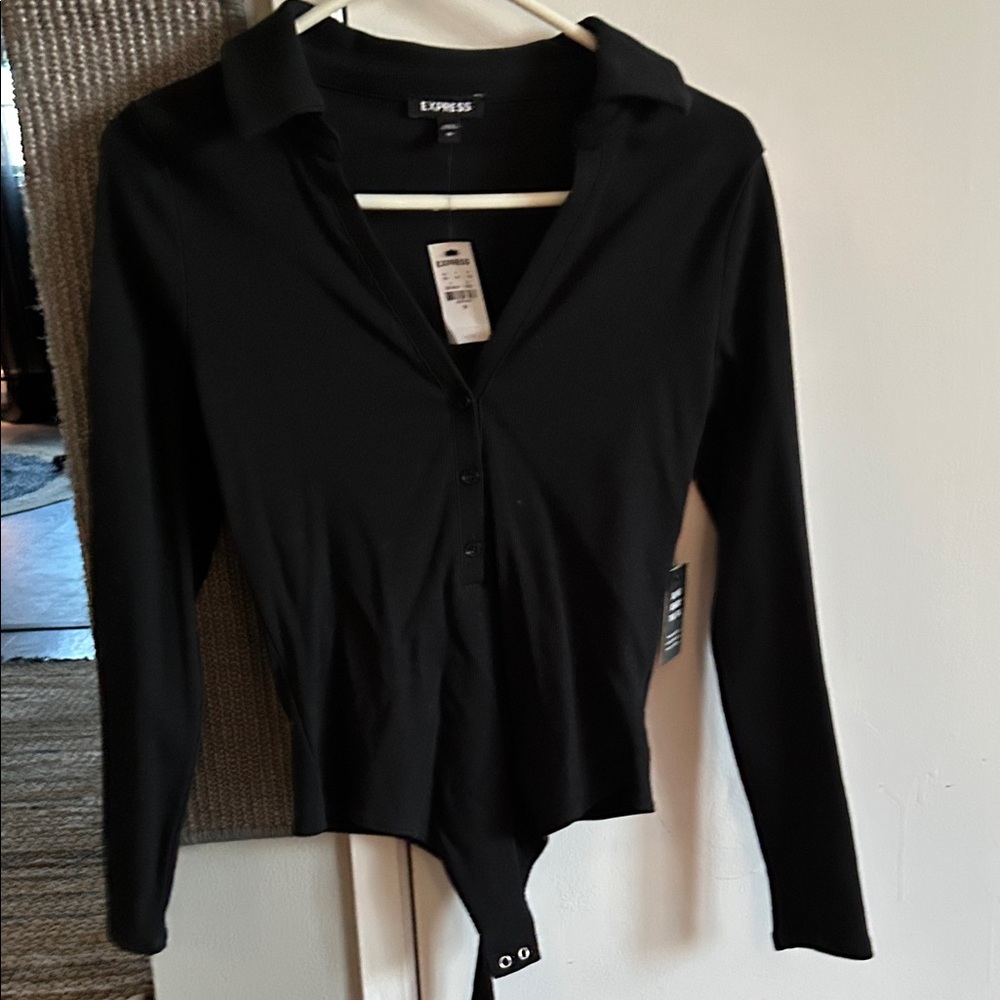 Express Women's Black Button-Up Bodysuit